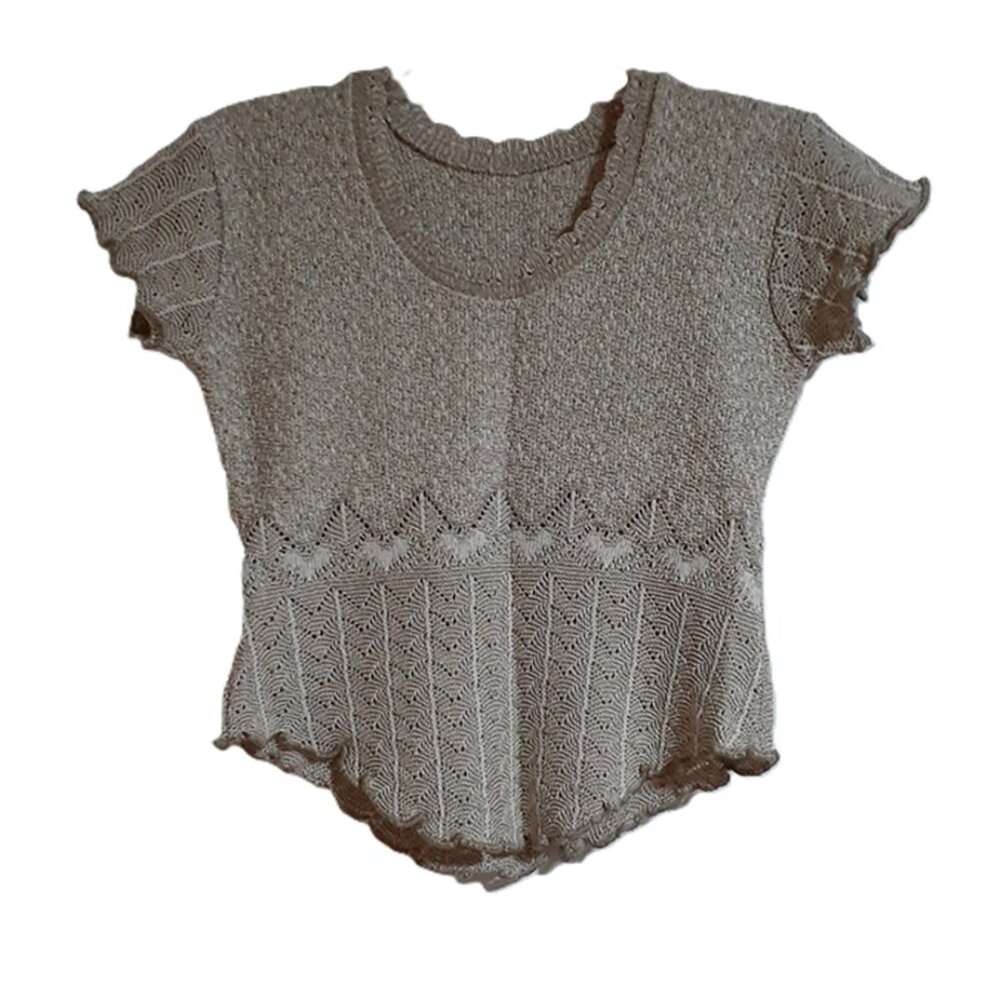Crochet Beige Cotton Knit Top short sleeve blouse Size M